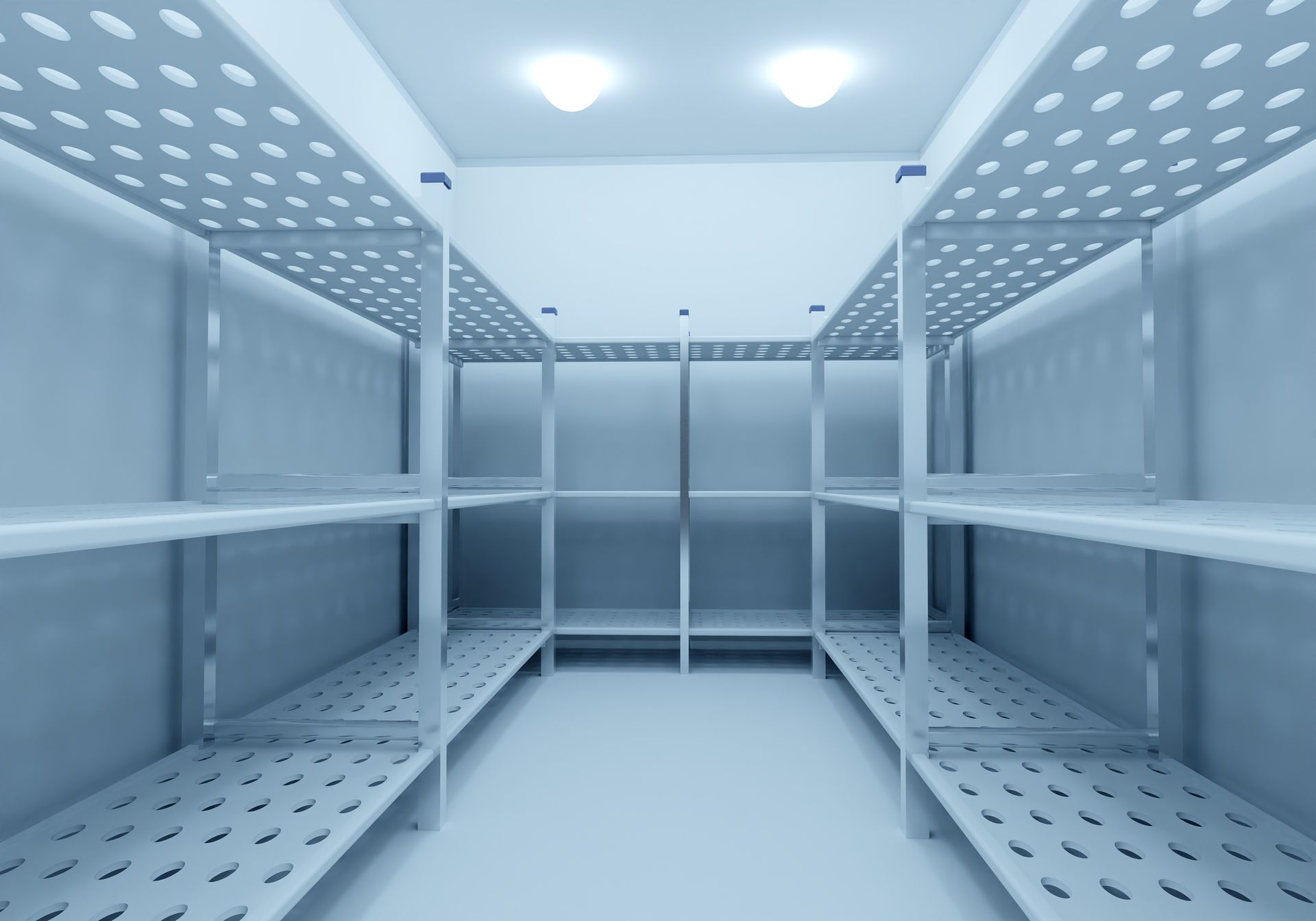 A room with a lot of shelves and a light on the ceiling.