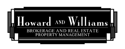 Logo for Howard and Williams, real estate brokerage. Black, white, and red rectangular design with text.