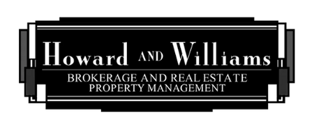 Logo for Howard and Williams Brokerage and Real Estate, black and white design with red accents.