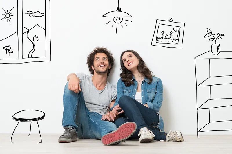 Couple sitting on floor, looking up at drawn home décor: window, lamp, picture, plant, stool.