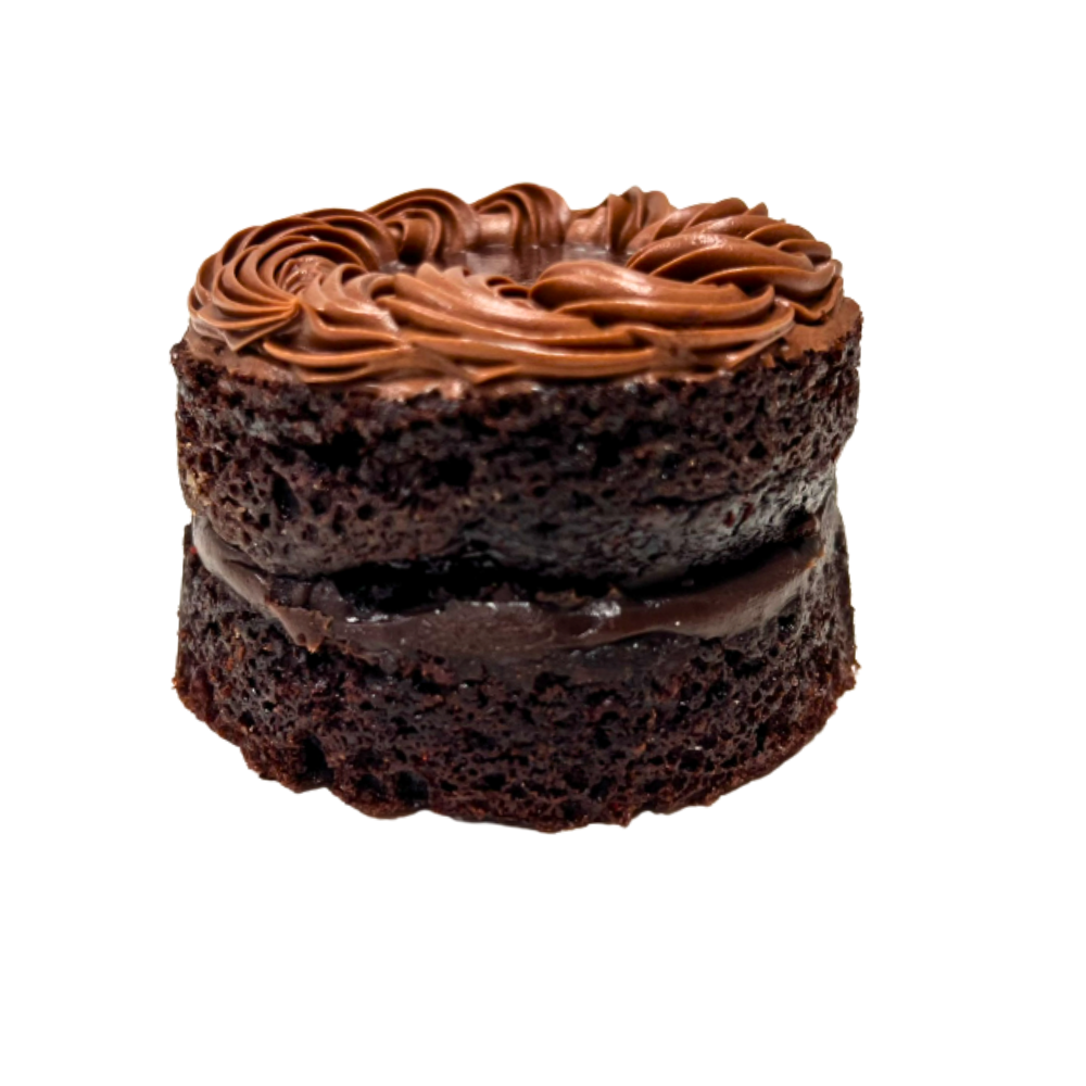 Pastel de chocolate pequeño y redondo con glaseado de chocolate entre las capas y en la parte superior de Azúcar y Cacao