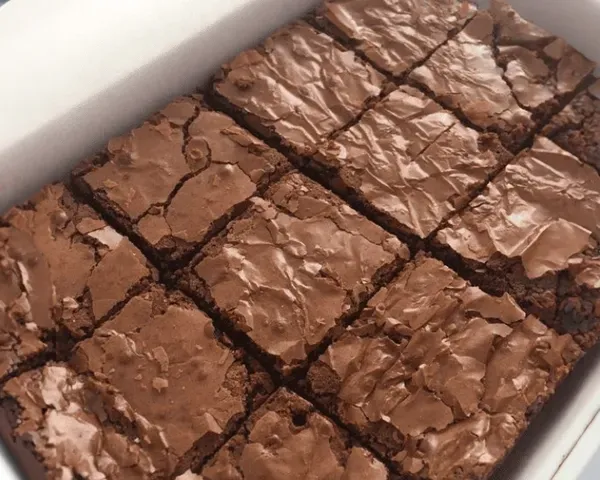 Brownies horneados en sartén, cortados en cuadritos, con la parte superior agrietada y brillante de Azúcar y Cacao