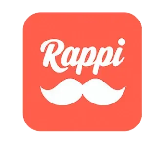 Logotipo de Rappi: texto cursivo blanco y bigote sobre un cuadrado rojo, para pedir de Azúcar y Cacao a domicilio 