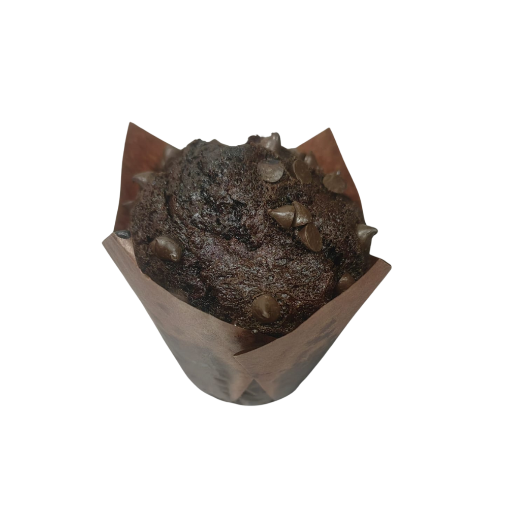 Muffin de chocolate con chips de chocolate envuelto en papel marrón de Azúcar y Cacao