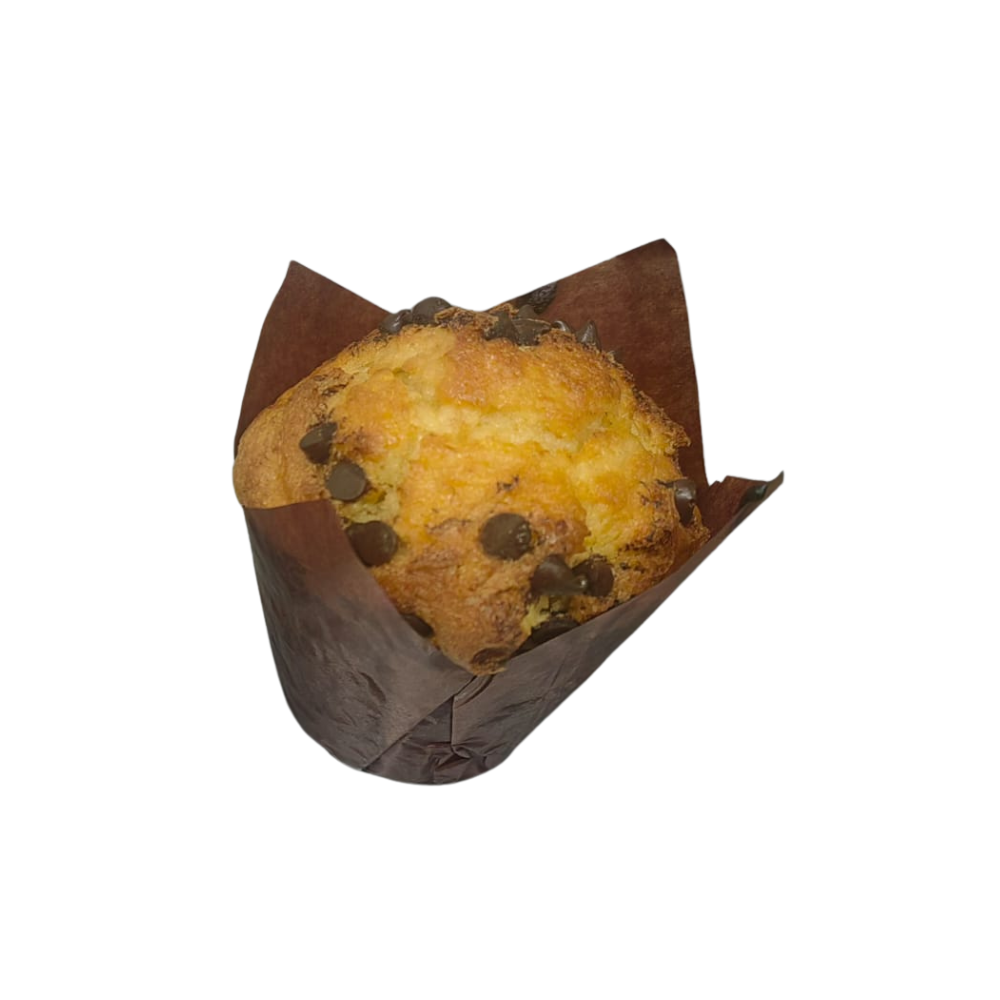 Muffin con chispas de chocolate envuelto en papel marrón  de Azúcar y Cacao