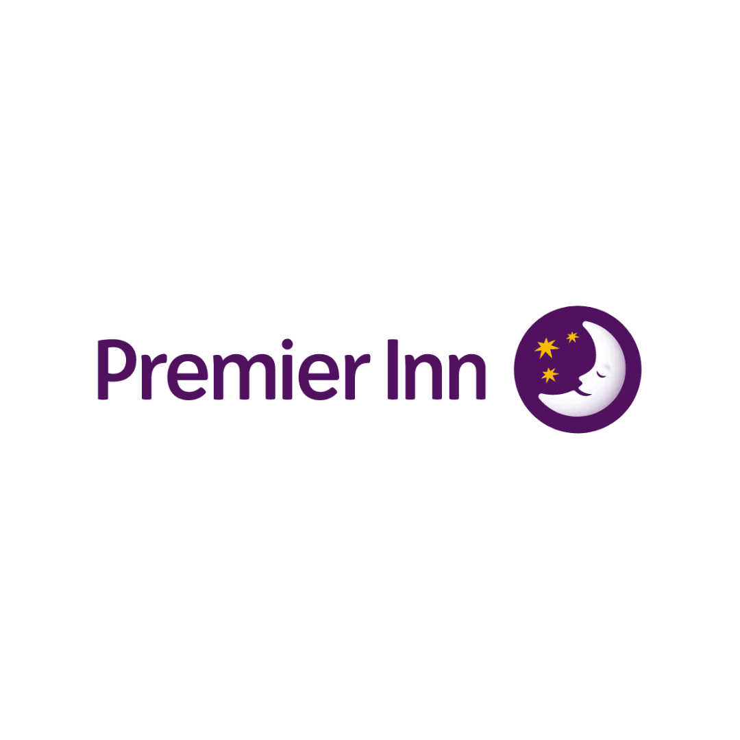 Premier Inn logo: Purple text and crescent moon with stars and a smiling face.