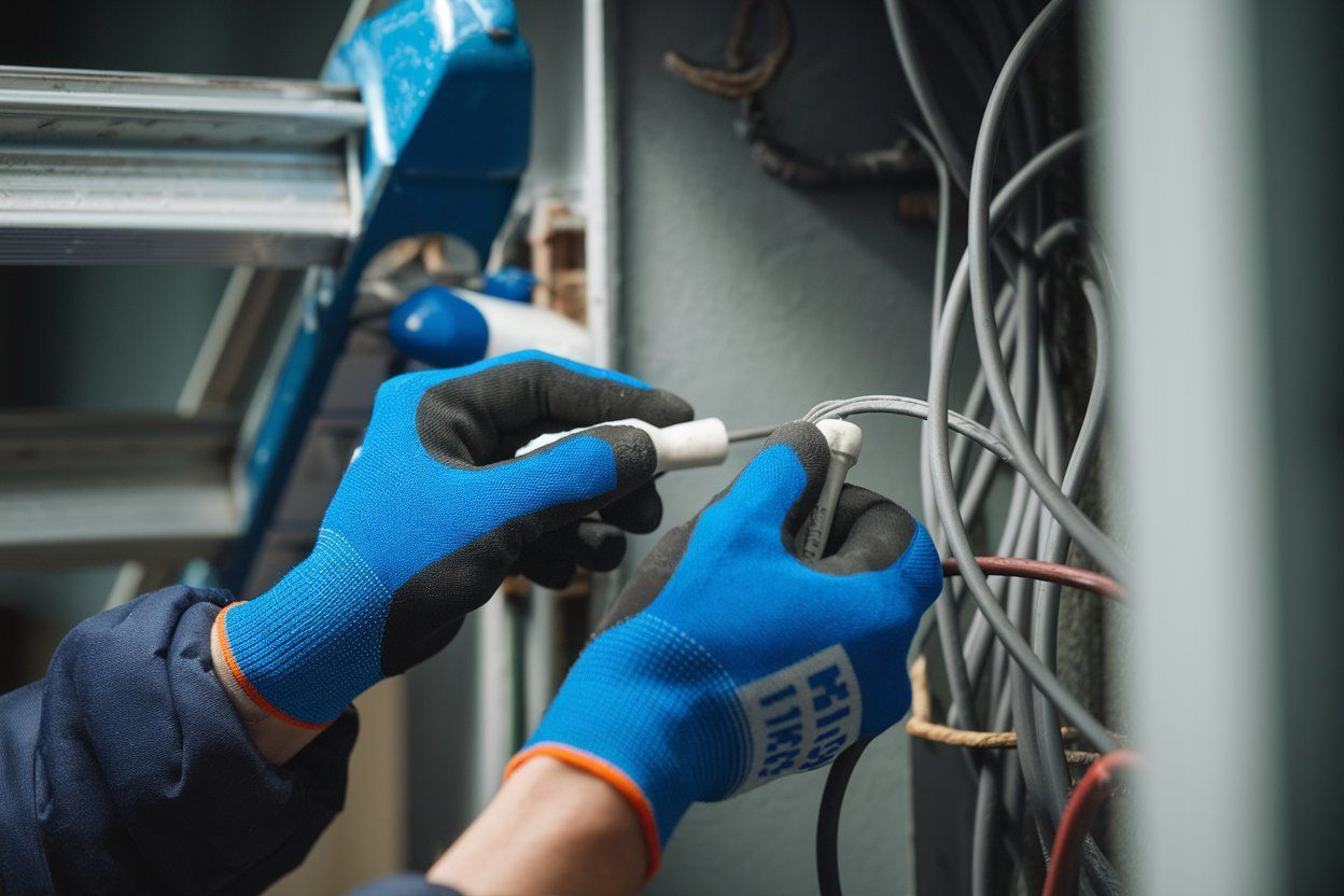 A person wearing blue gloves is working on electrical wires.