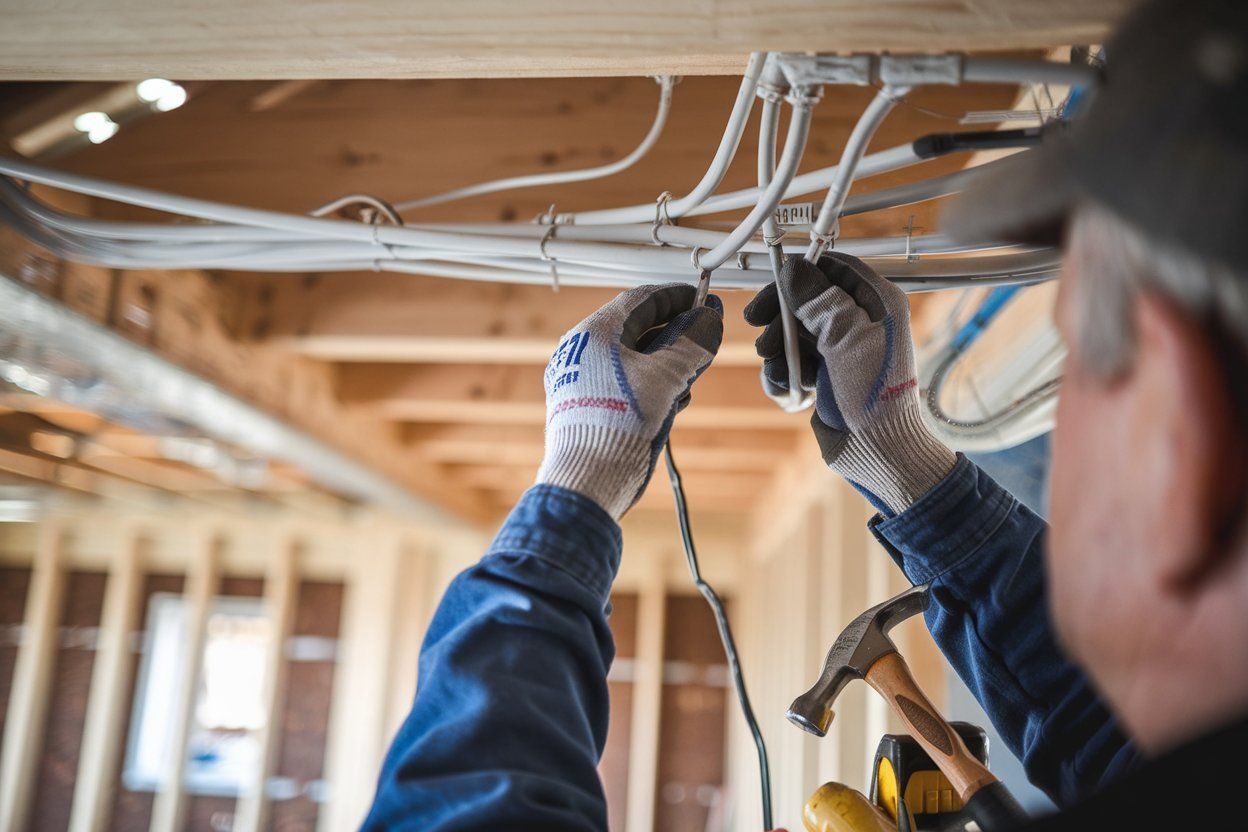 A man is working on electrical wires in a building under construction.