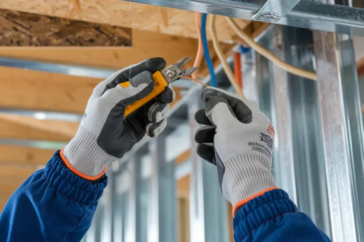 A person is cutting wires with a pair of pliers.