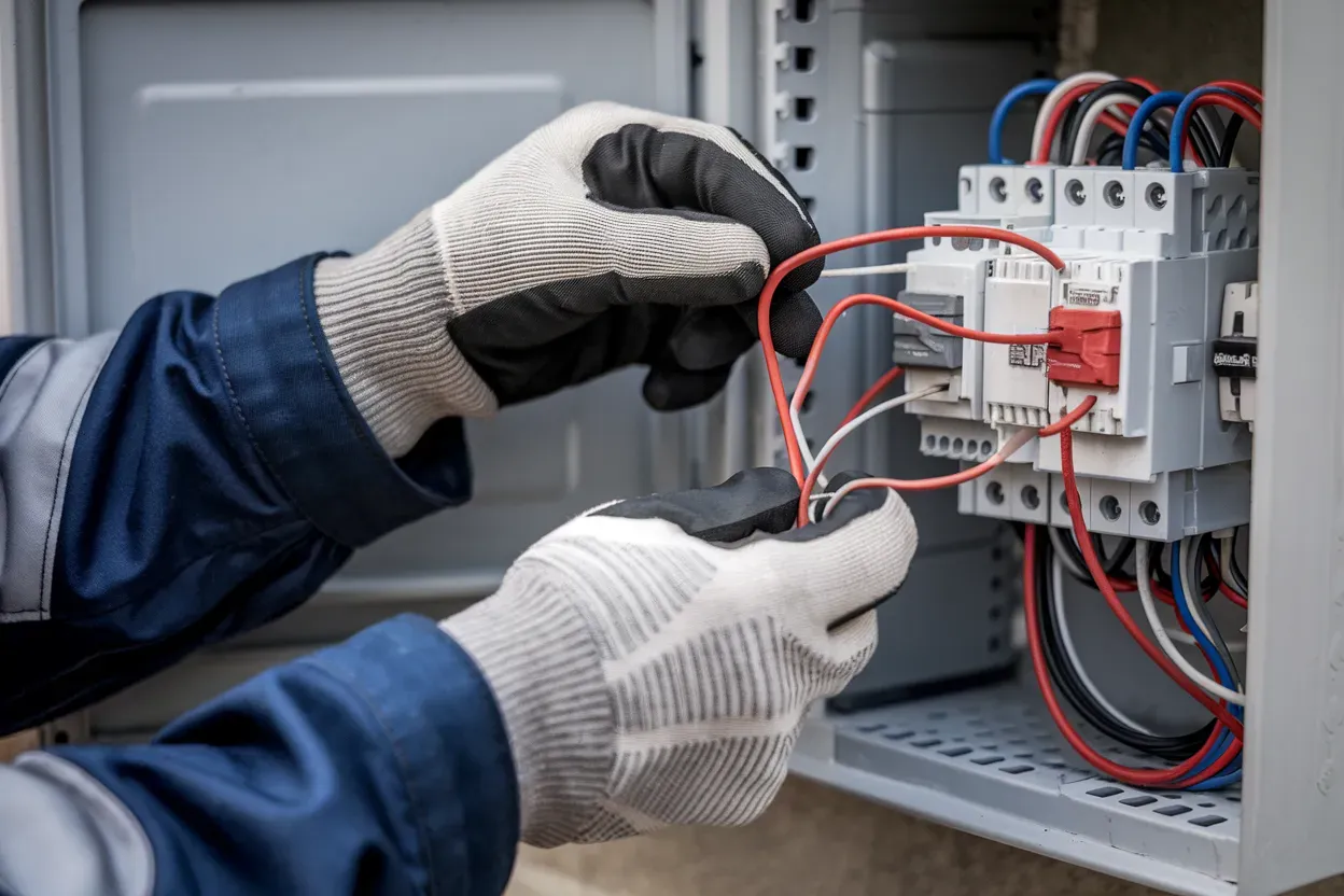 An electrician is working on an electrical box with a screwdriver.