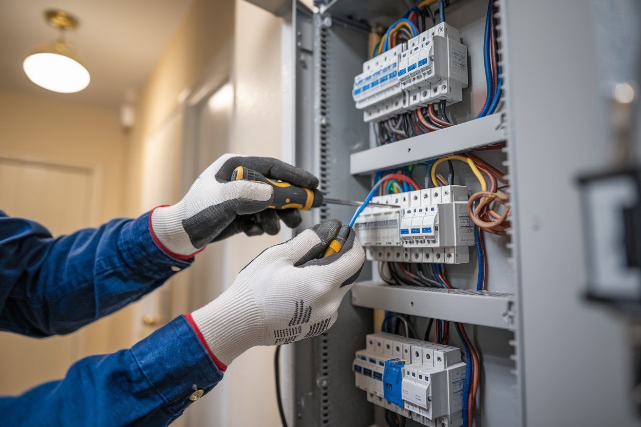 An electrician is working on an electrical box with a screwdriver.