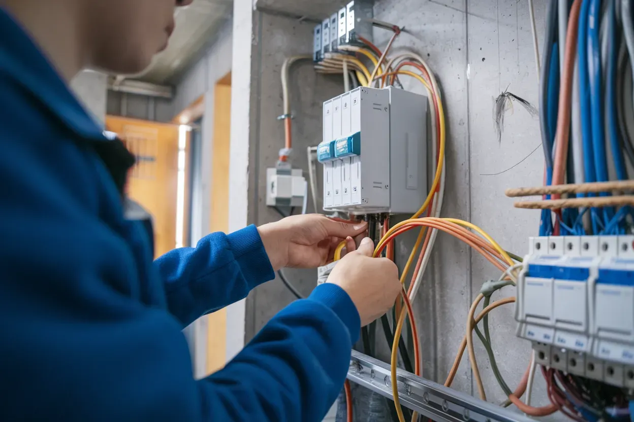 A man is working on an electrical box in a building.