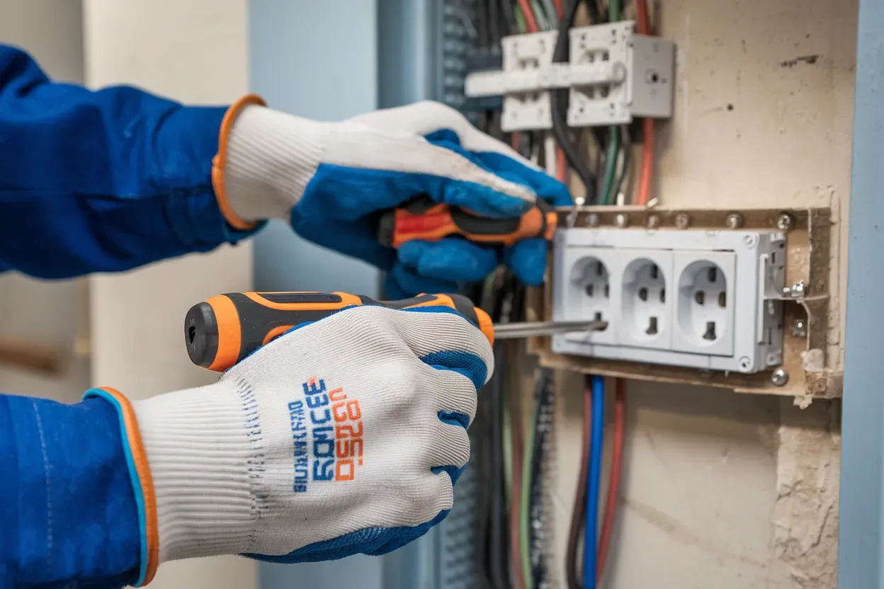 A person wearing gloves is using a screwdriver to fix an electrical outlet.