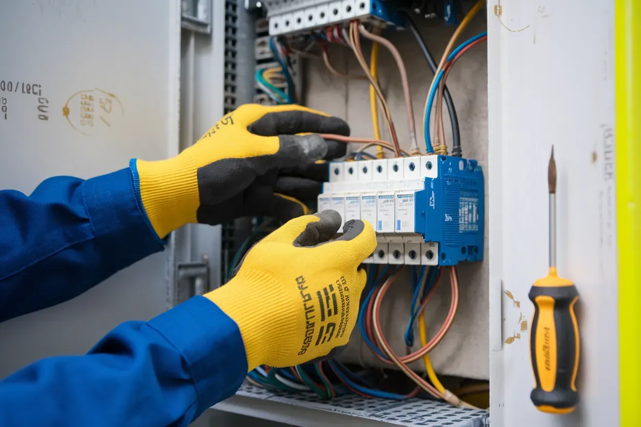 A person wearing yellow gloves is working on an electrical box.