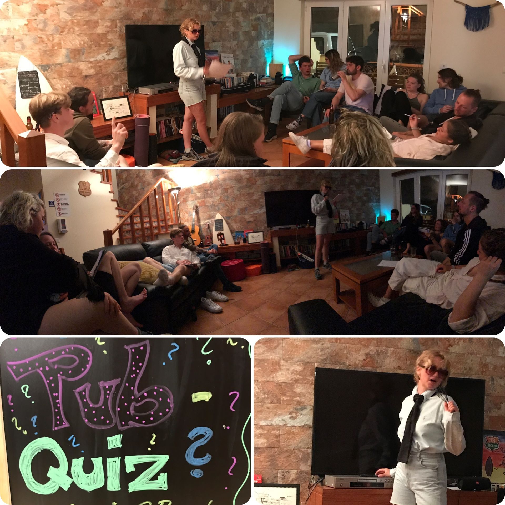 A group of people are sitting in a living room with a sign that says pub quiz