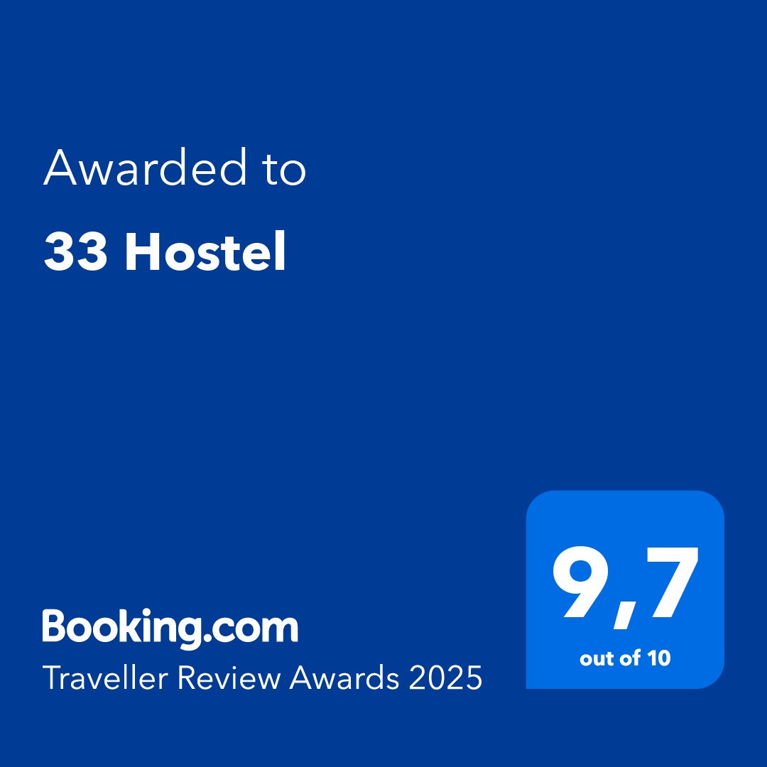 A blue sign that says ' awarded to 33 hostel ' on it