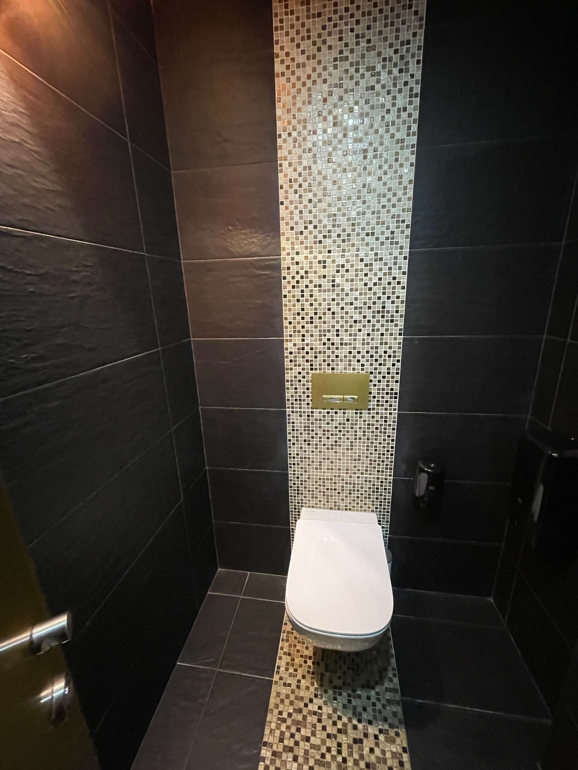 A toilet in a bathroom with black tiles and a mosaic wall.