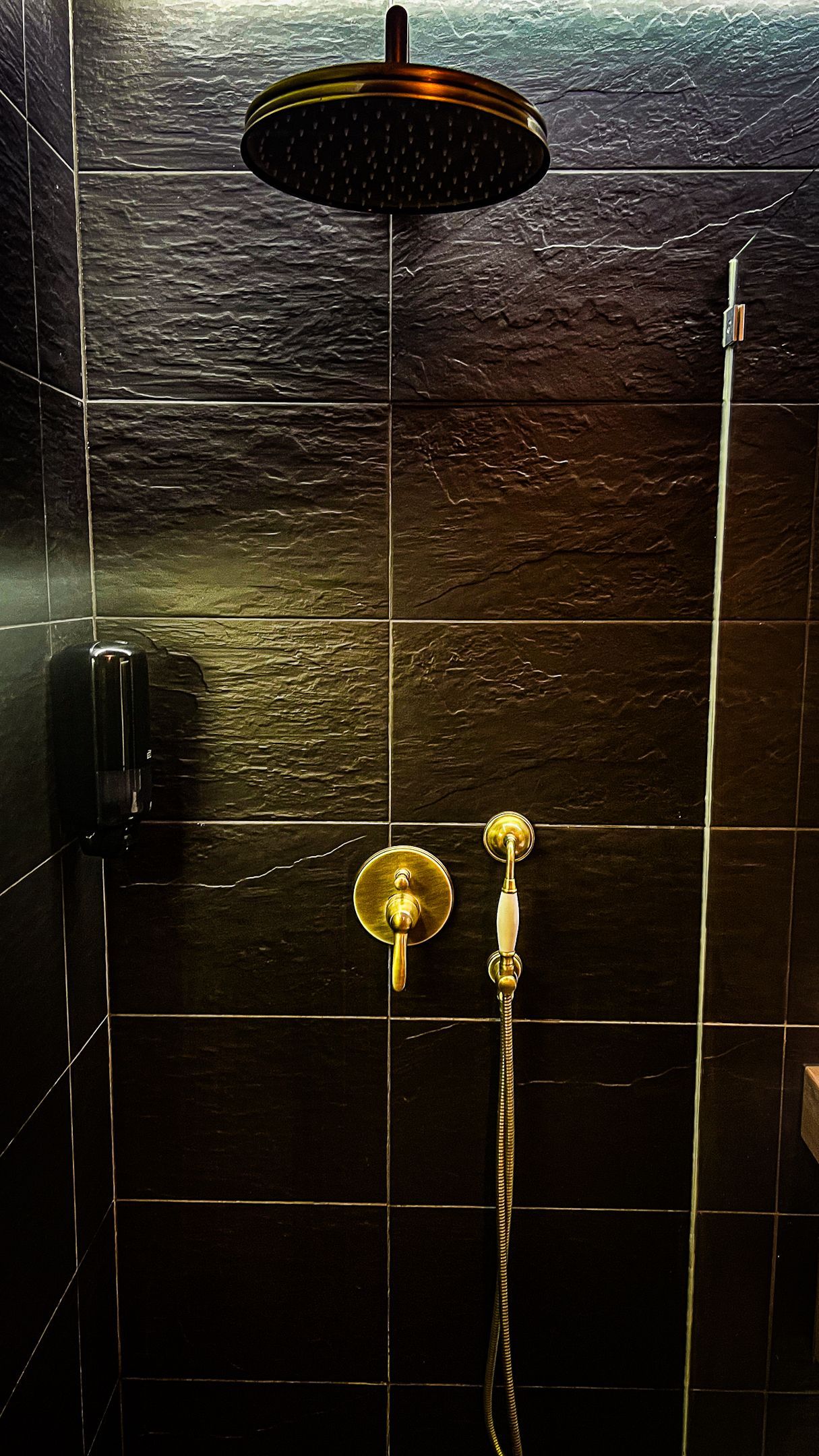 A shower head is hanging from the ceiling in a dark bathroom.