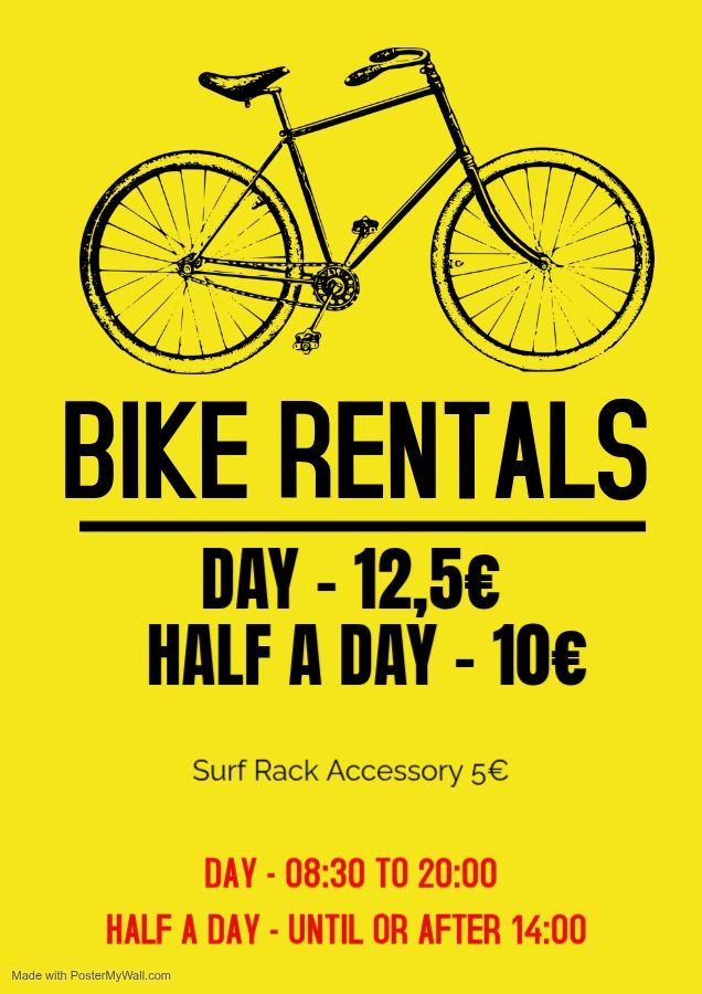 A yellow poster for bike rentals with a bicycle on it