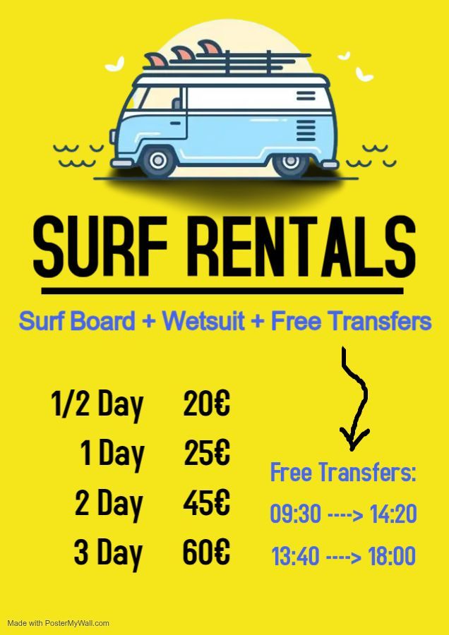 A poster for surf rentals with a blue van on it