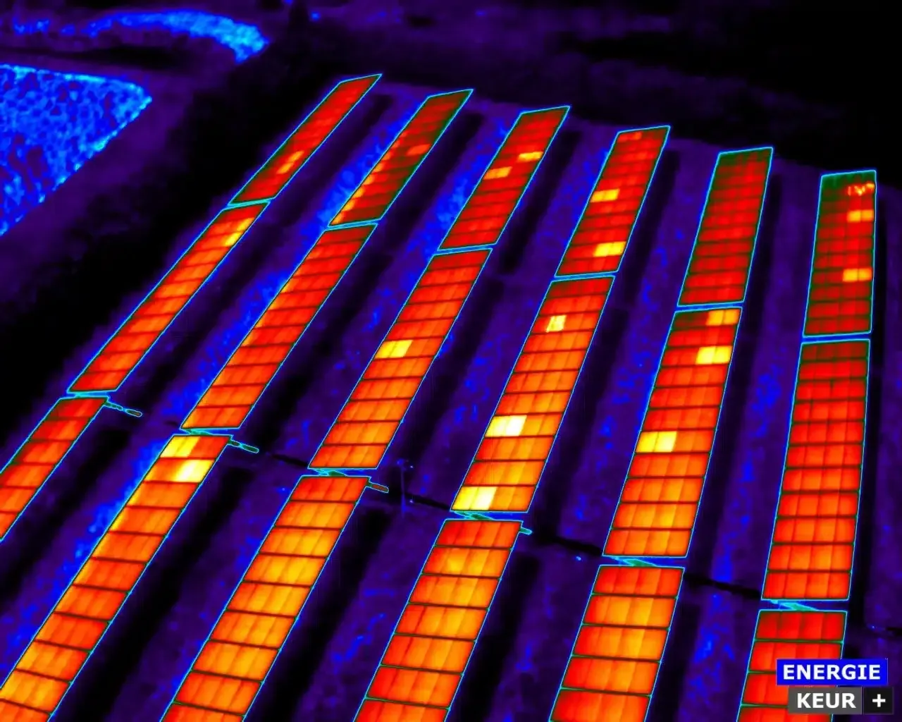 Warmtecamera-inspectie van zonnepanelen om defecten en rendementsverlies op te sporen.