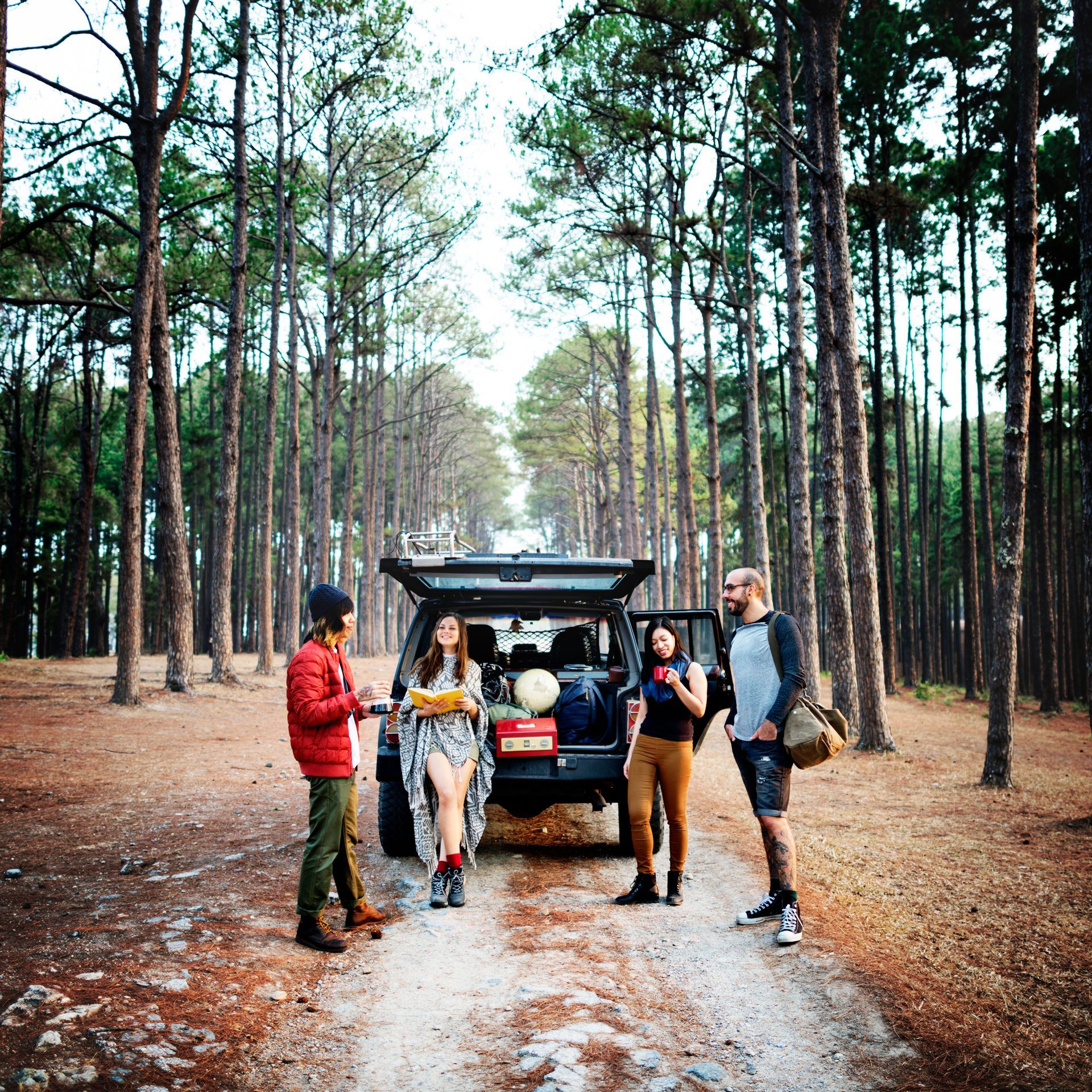Four people gather near an open-backed SUV on a dirt road in a pine forest, prepping for a trip.