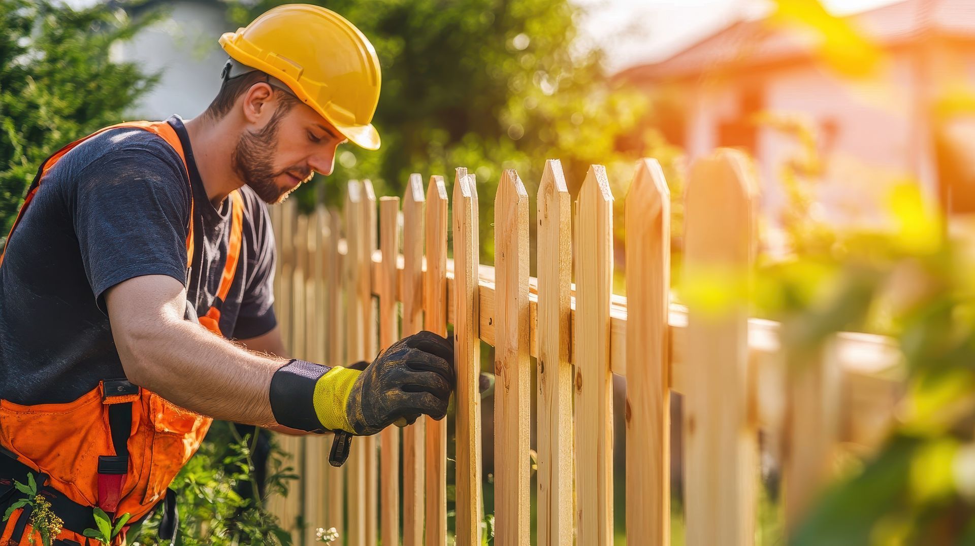 The worker focused on creating a lasting wooden fence outdoors.