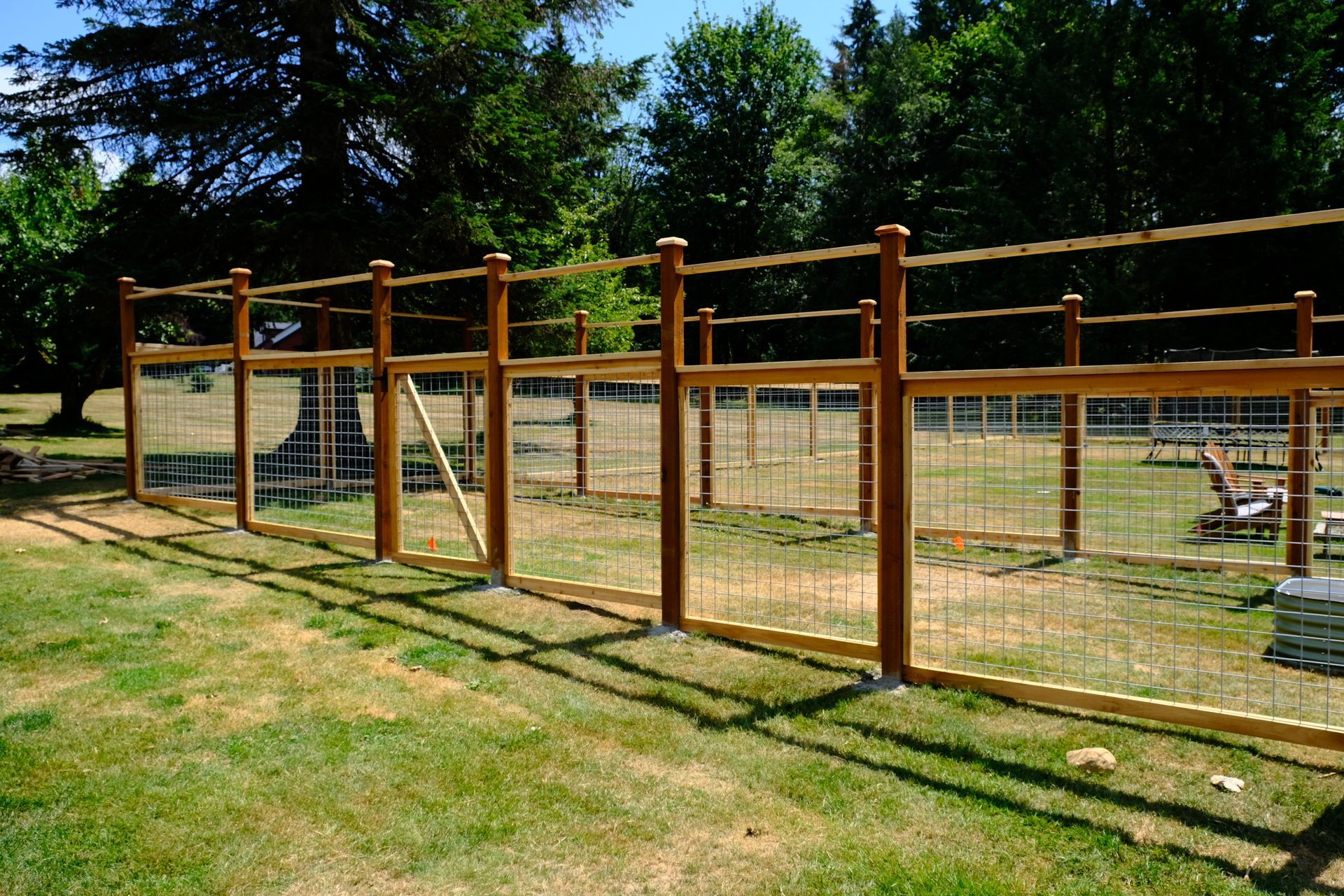 A wooden fence with a lattice top is surrounded by bushes and trees.