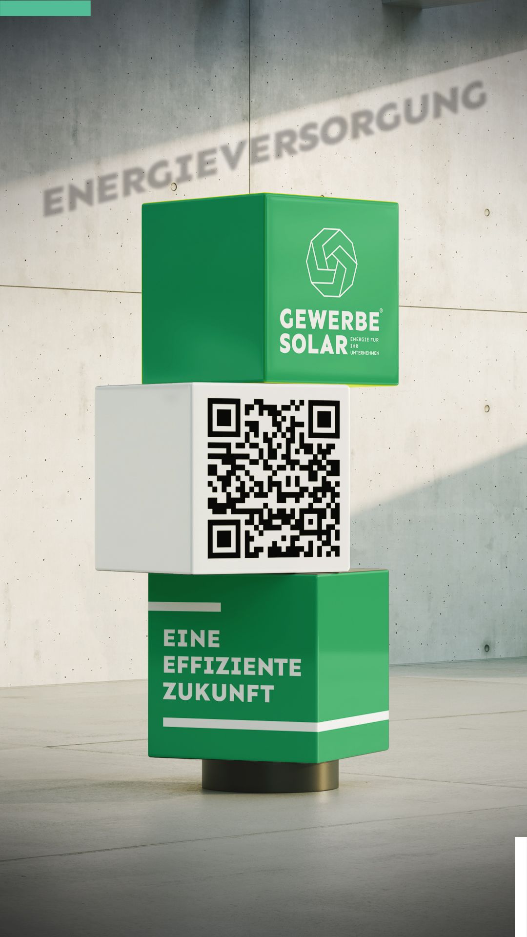 A green and white sign with a qr code on it