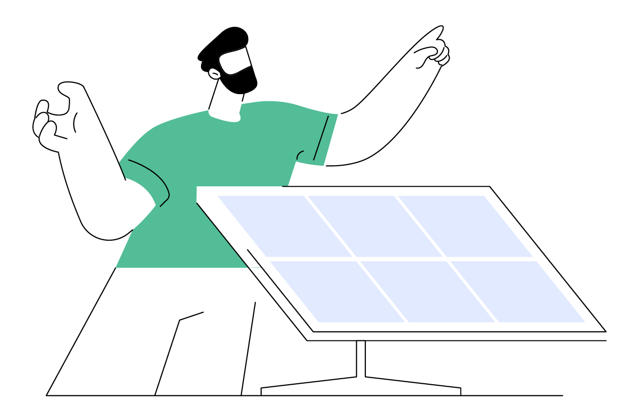 A man with a beard is standing next to a solar panel.