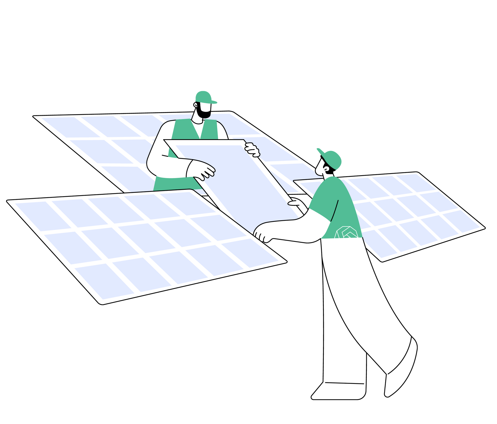 Two men are working on a solar panel.