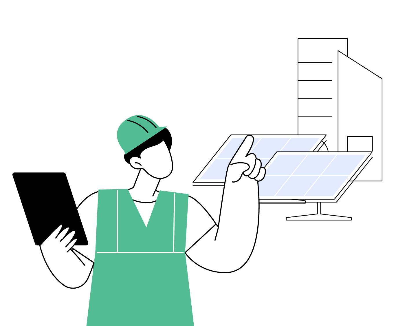 A man is holding a tablet and pointing at a solar panel.
