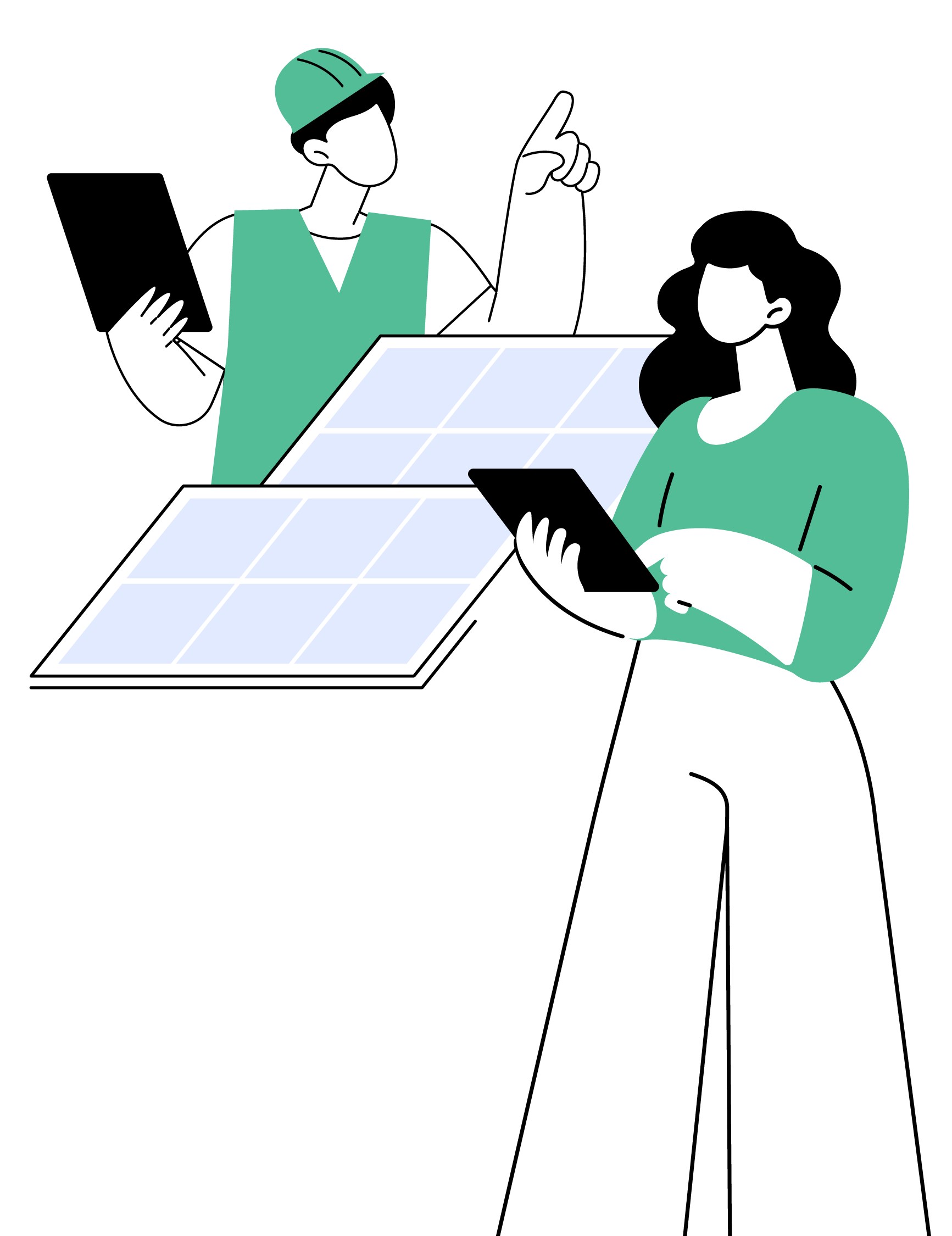 A man and a woman are looking at a tablet next to a solar panel.