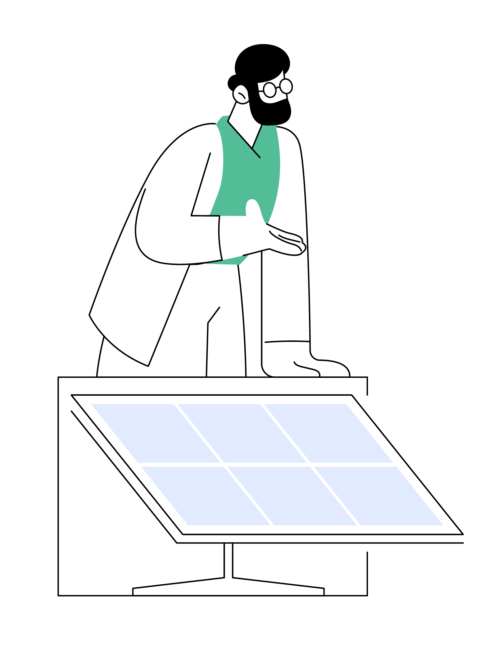 A man with a beard is standing next to a solar panel.