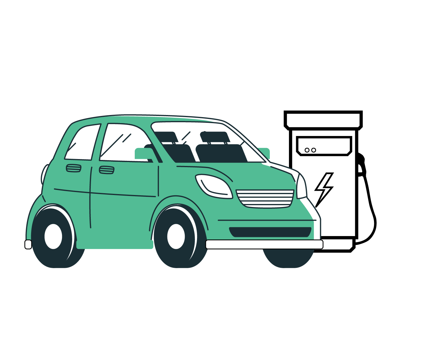 A green electric car is being charged at a charging station.