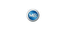 A blue and silver mr logo on a white background.
