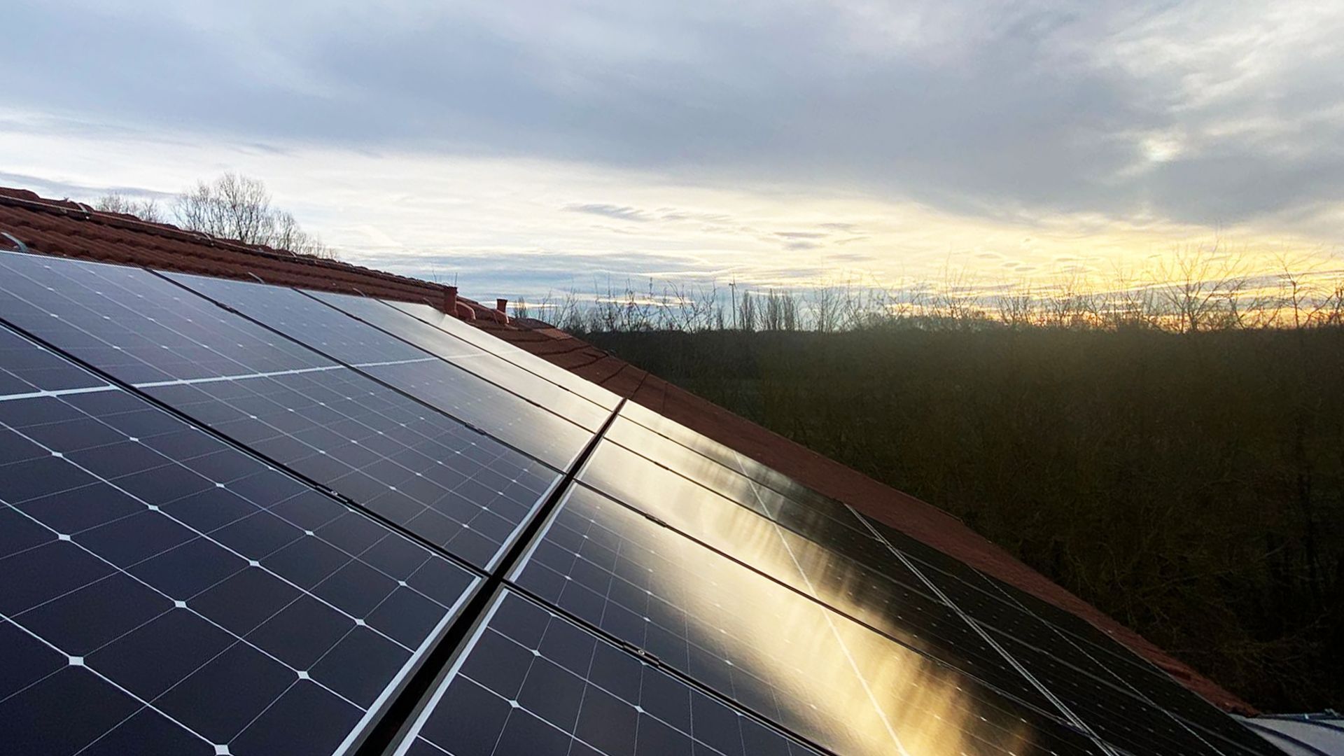 A row of solar panels on a roof with trees in the background