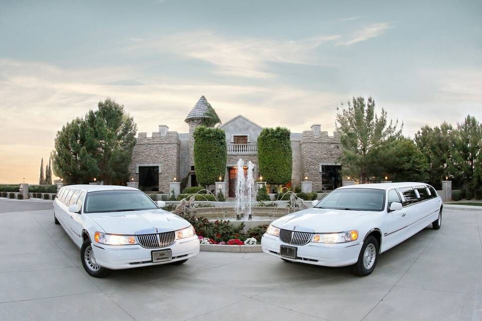 Two white limousines parked in front of a castle with a fountain, trees, and a clear sky.