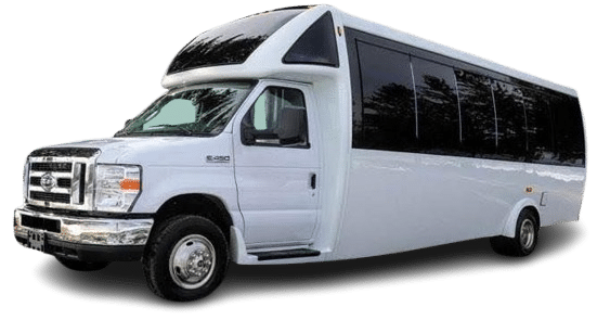 Black party bus with open door.