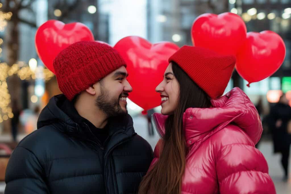 Couple in red hats and coats smile at each other, holding heart balloons outdoors.