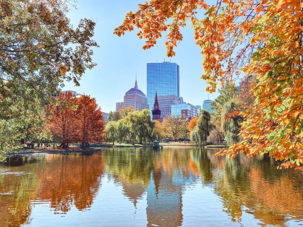 Autumn foliage frames a pond with Boston skyline reflections.