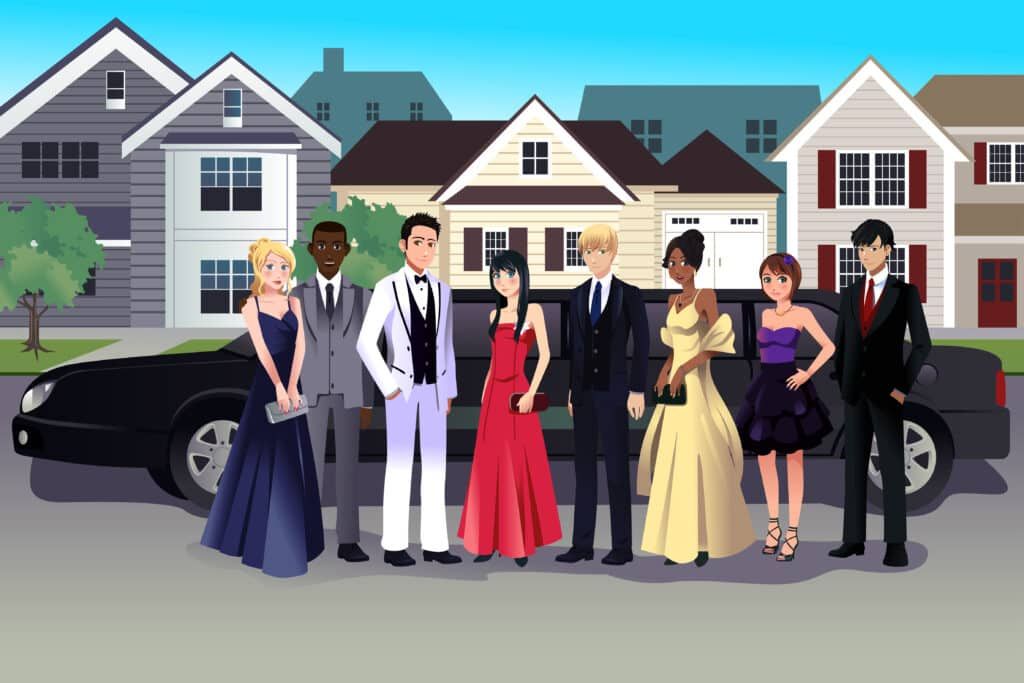 Group of teens in formal wear in front of houses and a black limo; prom night.