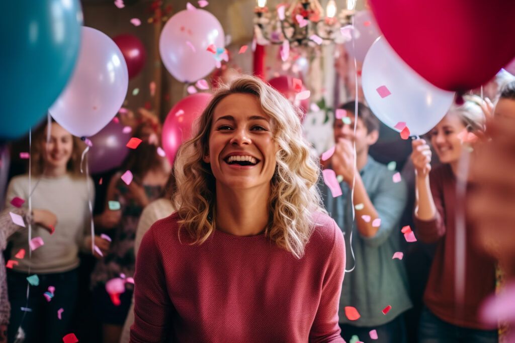 Woman laughing amidst a party, surrounded by balloons and confetti. People in the background.