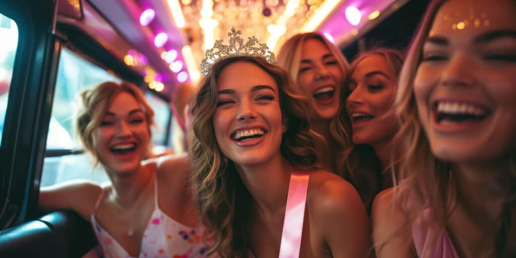 A group of joyful women in a party bus, one wearing a tiara, laughing, and having fun.