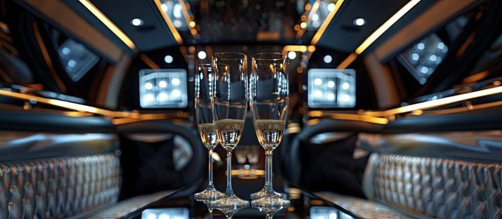 Champagne glasses on a table inside a luxurious limousine.