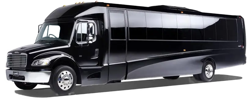 Black party bus with open door on white background.