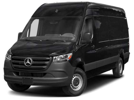 Black Mercedes-Benz Sprinter van, angled view.