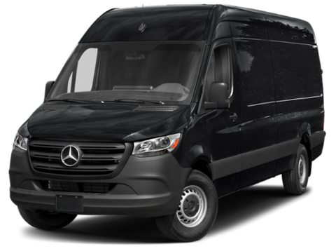 Black Mercedes-Benz Sprinter van, angled view, parked. Front view with the Mercedes logo visible.