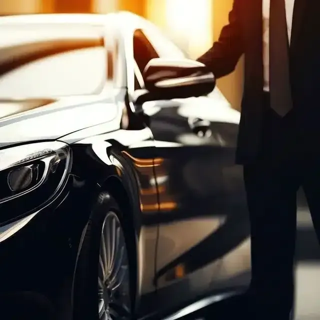 A person in a suit opening a door of a shiny black car in a sunny setting.