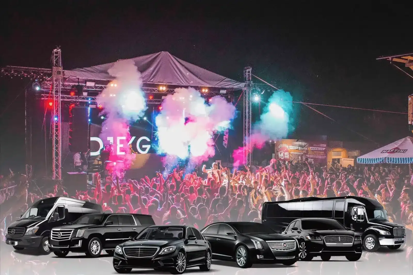 Black limousines in front of a music concert stage with a crowd of people.